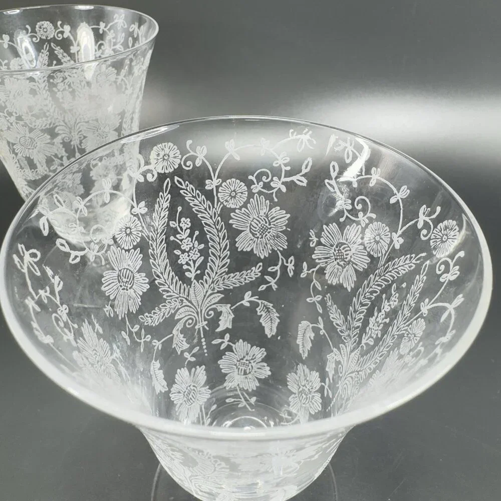 Vintage‎ Viking Glass PRELUDE Etched Clear Footed Glasses Cups Tumblers Set 2